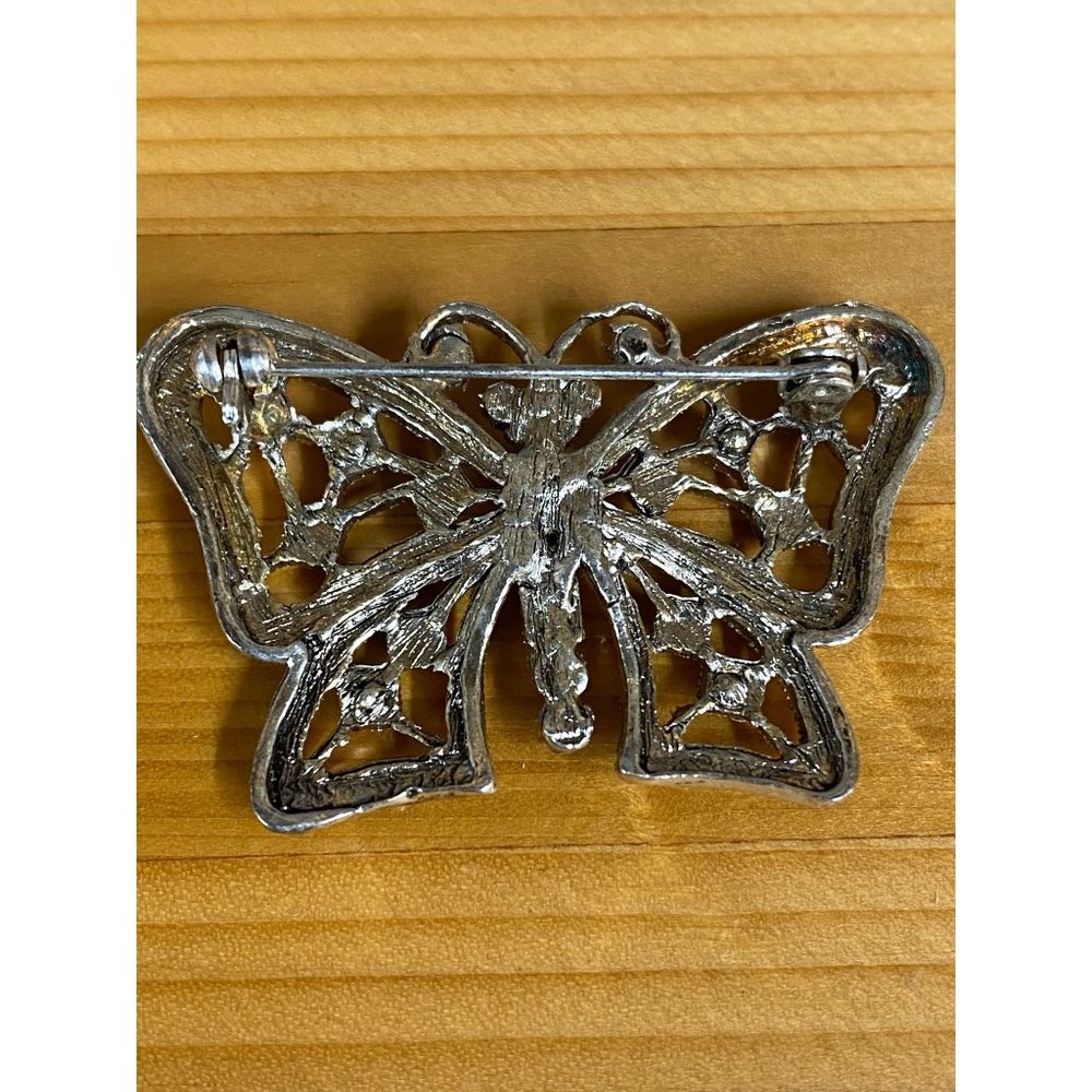 Filigree Butterfly Silver Color Pin Brooch Glass Crystal Rhinestone Accents - Picture 5 of 10